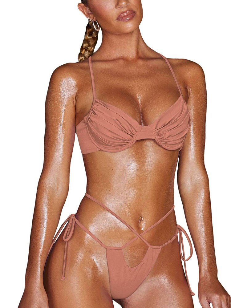 Pleated Shiny Bikini Set