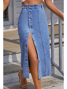 Button Side Split Denim Skirt