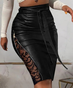 Lace Patchwork PU Skirt