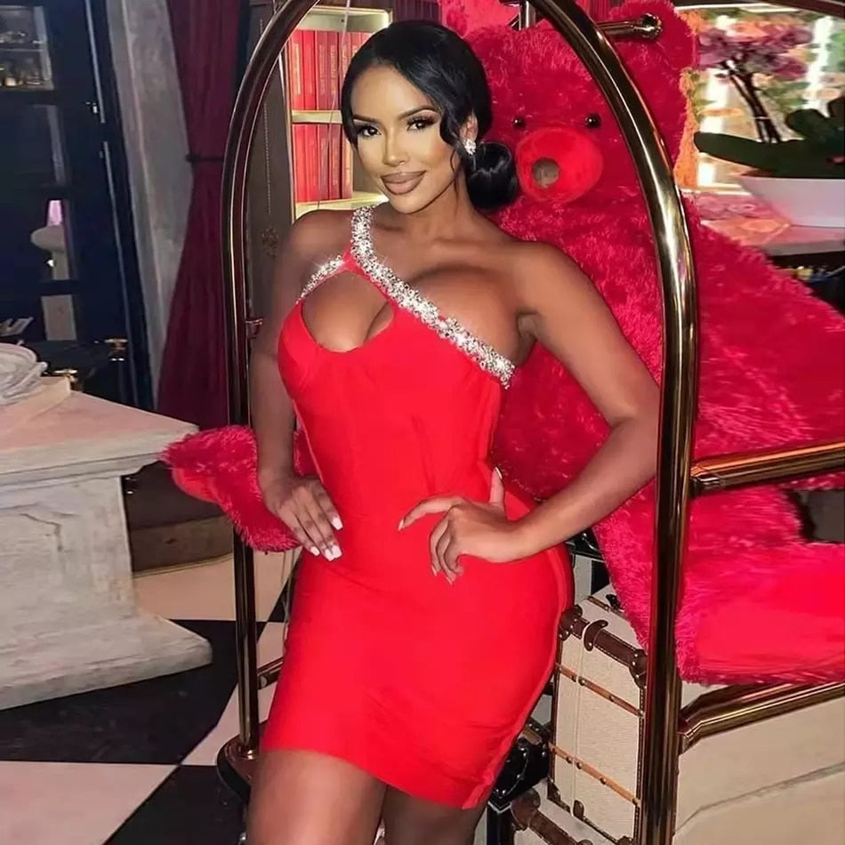 One Shoulder Sparkly Beading Bandage Dress - Veira Trending Shop