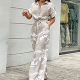 Drawstring Lace-up Shirt Jumpsuits