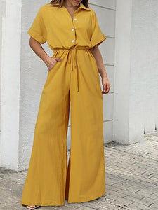 Drawstring Lace-up Shirt Jumpsuits
