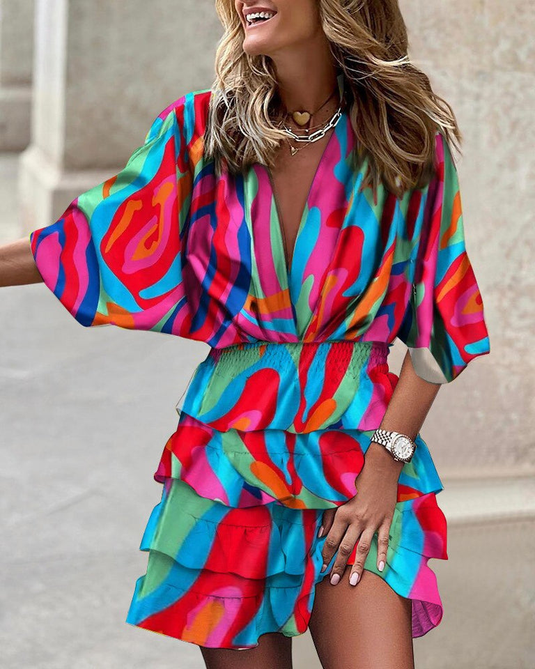 V-Neck Ruffled Mini Dress