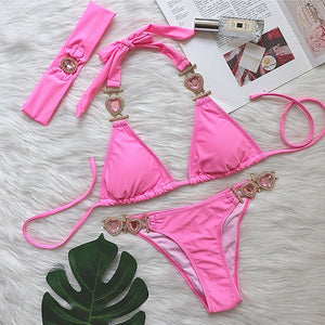Heart Rhinestones Bikini Set
