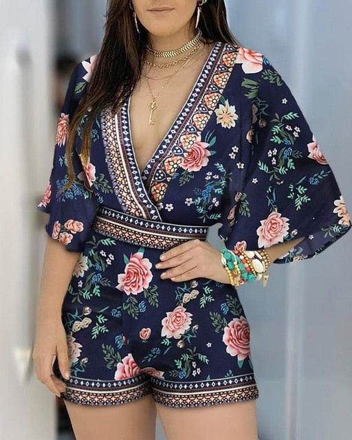 Floral Half Sleeve Romper - Veira Trending Shop