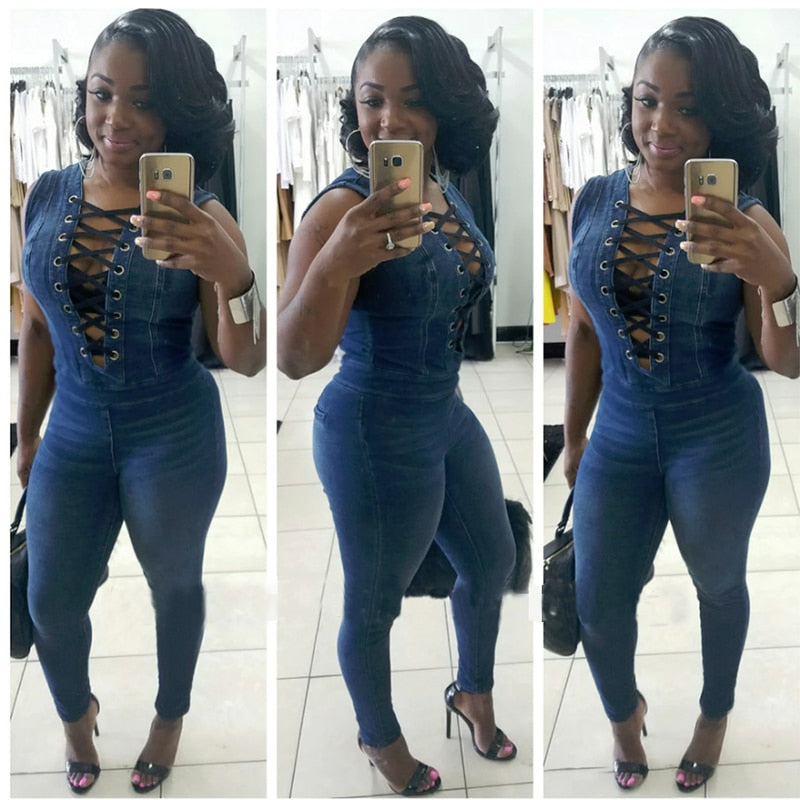 Lace-up Denim Rompers - Veira Trending Shop