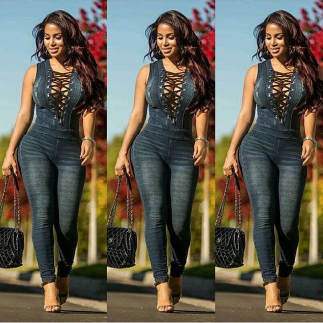 Lace-up Denim Rompers - Veira Trending Shop