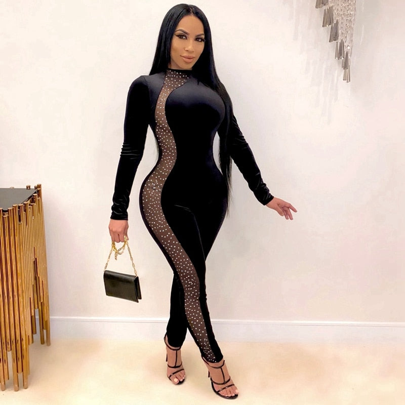 Rhinestone Patchwork Mesh Jumpsuit - Veira Trending Shop