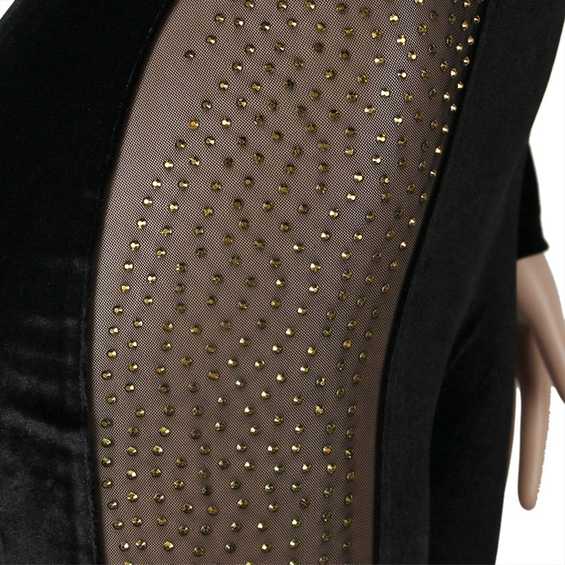 Rhinestone Patchwork Mesh Jumpsuit - Veira Trending Shop
