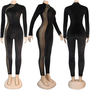 Rhinestone Patchwork Mesh Jumpsuit - Veira Trending Shop