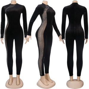 Rhinestone Patchwork Mesh Jumpsuit - Veira Trending Shop