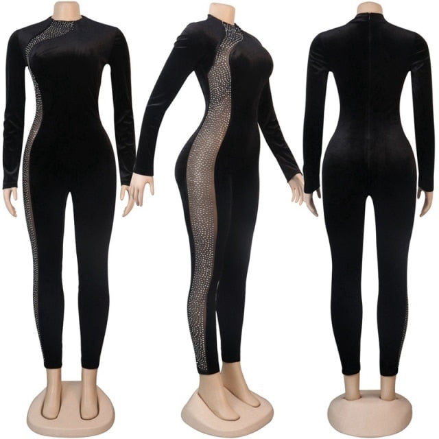 Rhinestone Patchwork Mesh Jumpsuit - Veira Trending Shop