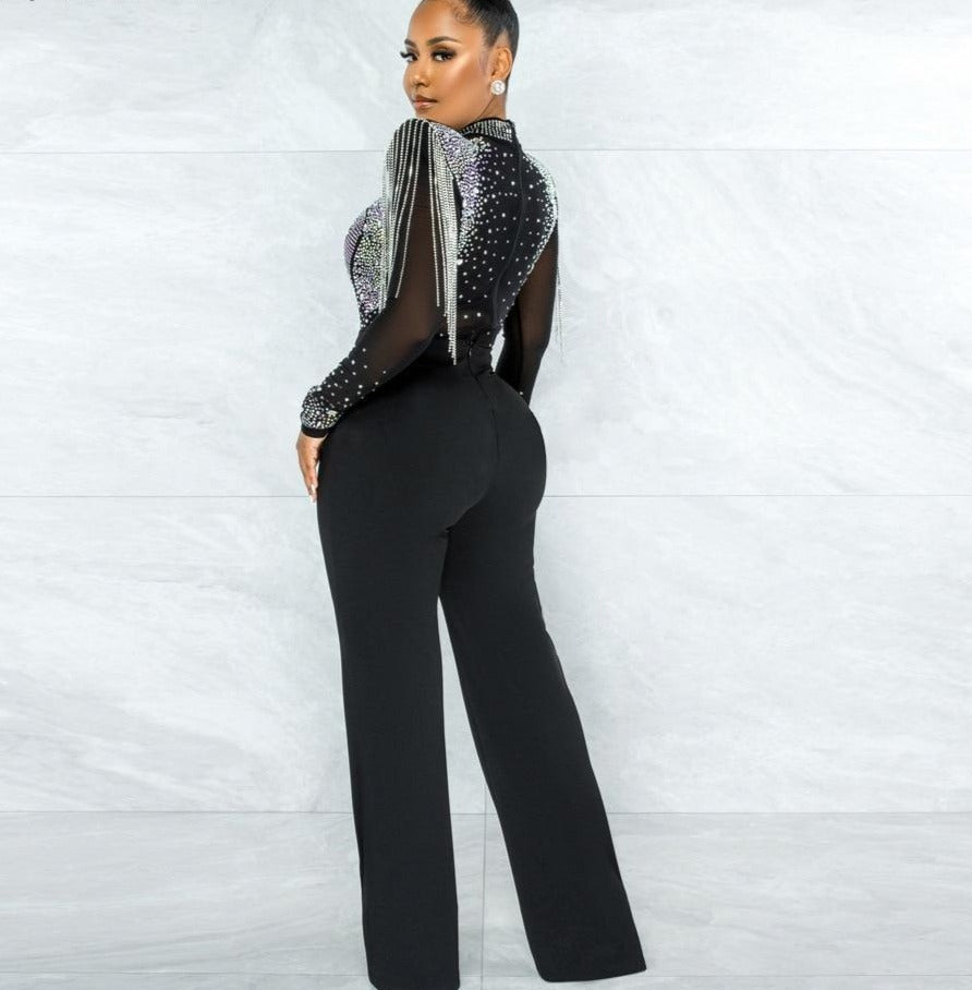Hot Drill Mesh Shoulder Jumpsuit - Veira Trending Shop