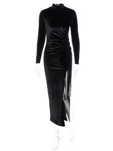 Velvet Long Sleeve Ruched Dress - Veira Trending Shop
