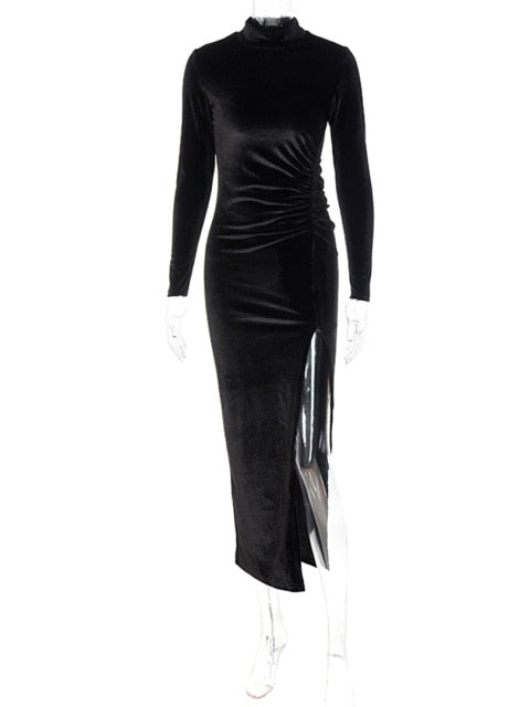 Velvet Long Sleeve Ruched Dress - Veira Trending Shop