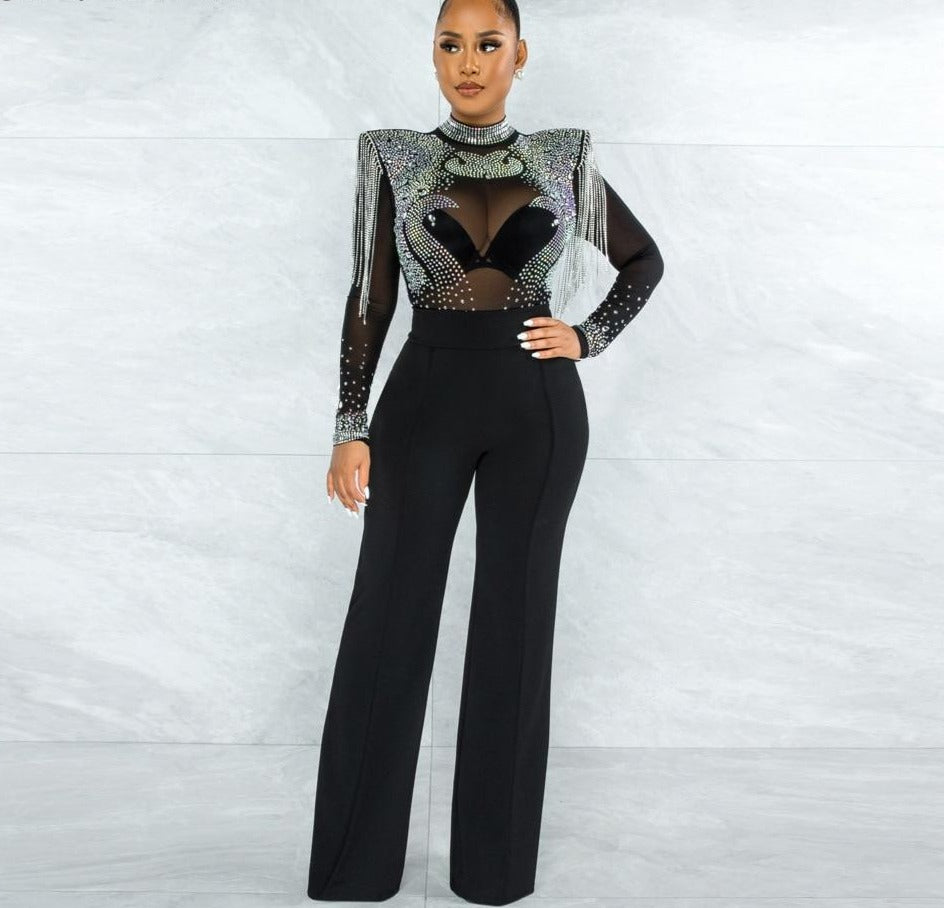Hot Drill Mesh Shoulder Jumpsuit - Veira Trending Shop