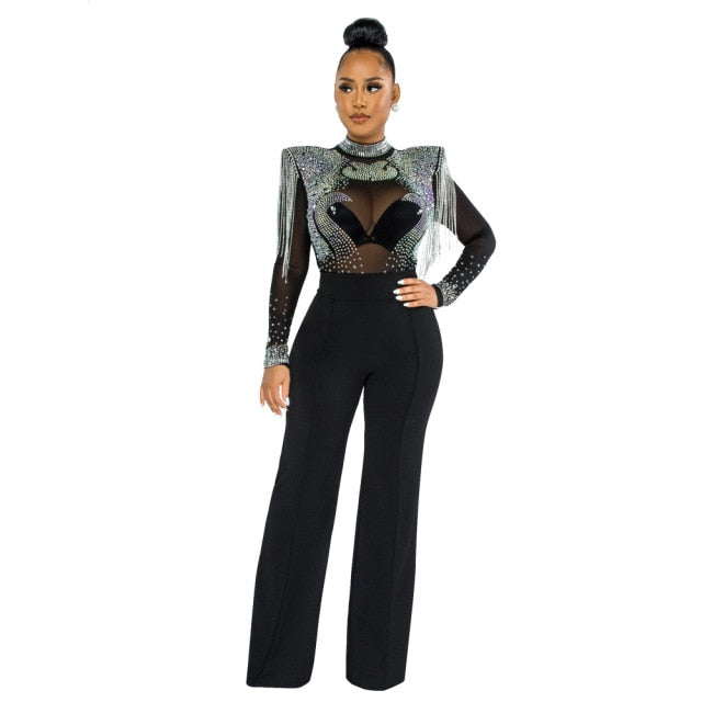 Hot Drill Mesh Shoulder Jumpsuit - Veira Trending Shop