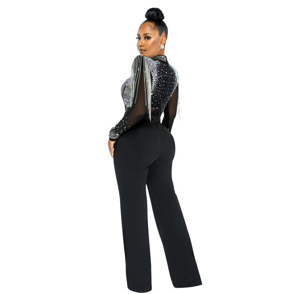 Hot Drill Mesh Shoulder Jumpsuit - Veira Trending Shop