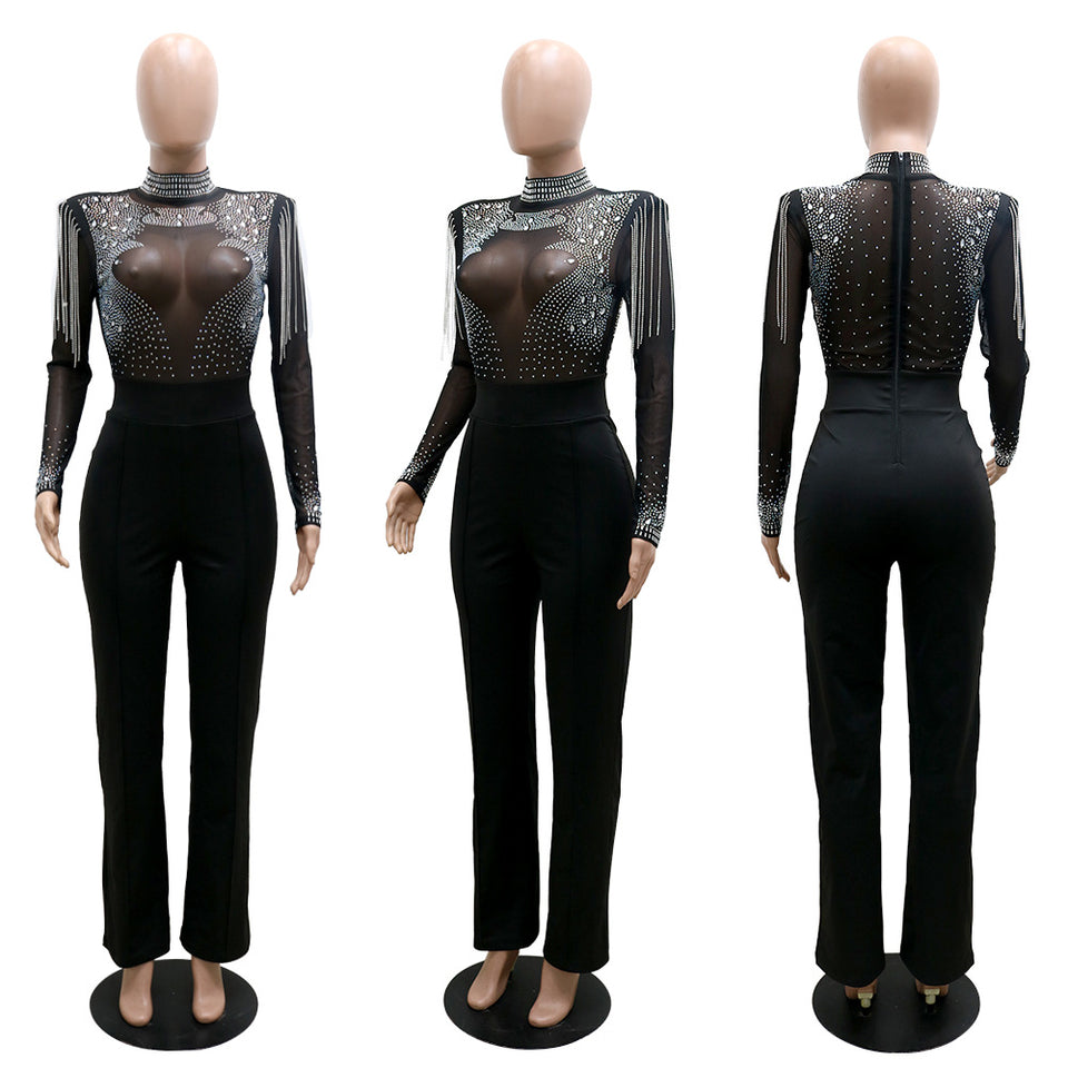 Hot Drill Mesh Shoulder Jumpsuit - Veira Trending Shop