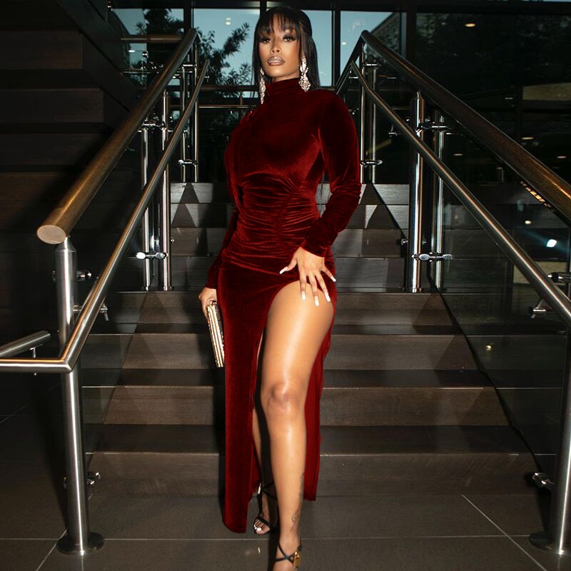 Velvet Long Sleeve Ruched Dress - Veira Trending Shop