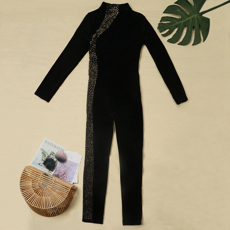 Rhinestone Patchwork Mesh Jumpsuit - Veira Trending Shop