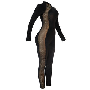 Rhinestone Patchwork Mesh Jumpsuit - Veira Trending Shop
