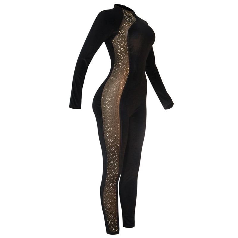 Rhinestone Patchwork Mesh Jumpsuit - Veira Trending Shop