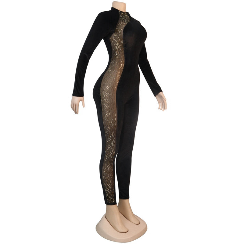 Rhinestone Patchwork Mesh Jumpsuit - Veira Trending Shop